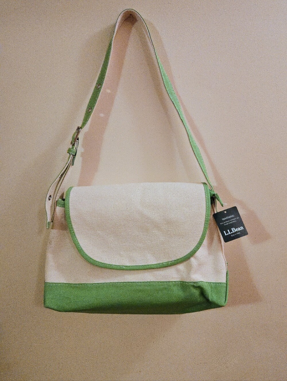 BNWT LL Bean Canvas Tote Crossbody Bag - Messenger Bag - Flap - Green & Ivory